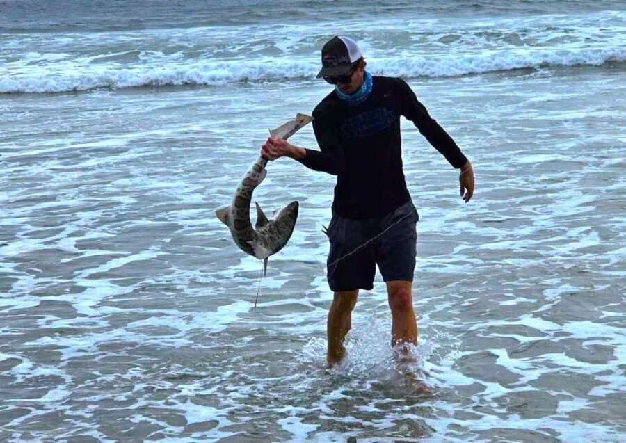 man holding shark at the beach