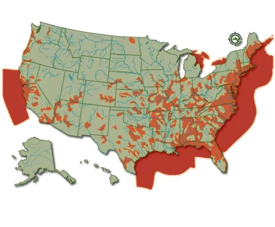 map of where striped bass are located 