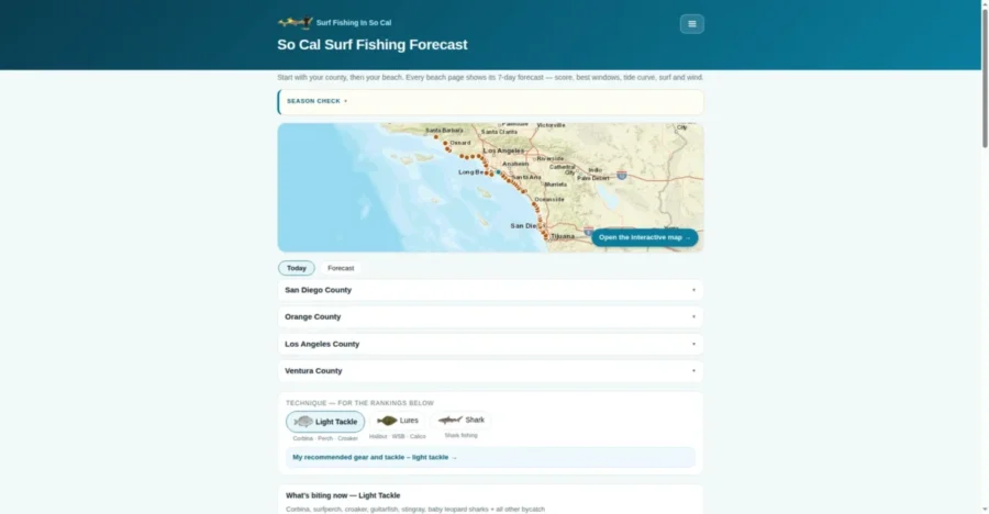 SFSC surf fishing forecast homepage with county picker
